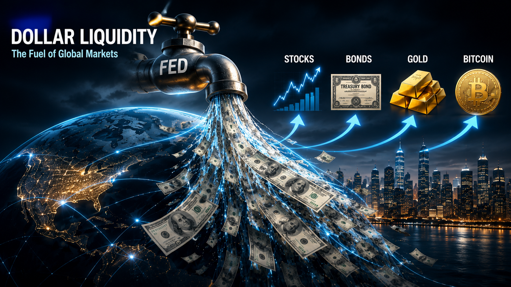 Federal Reserve dollar liquidity flowing into global markets and driving stocks, bonds, gold, and Bitcoin