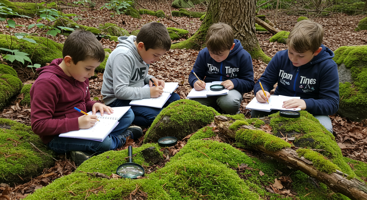 이끼를 관찰하며 일지를 쓰고 있는 아이들 사진