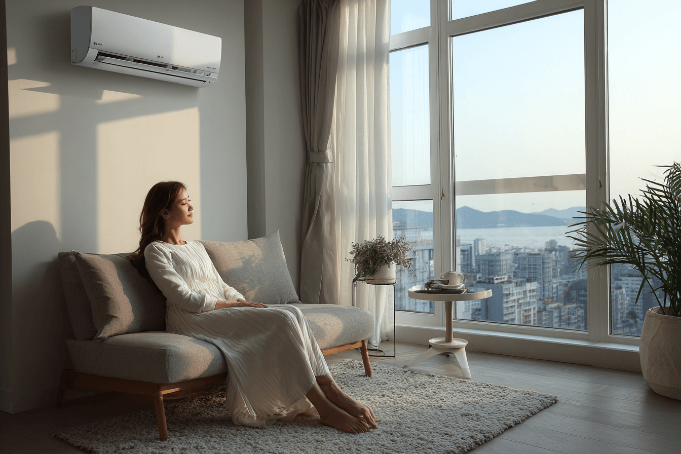거실에서-에어컨을-틀고-쇼파에-앉아있는-여성-이미지