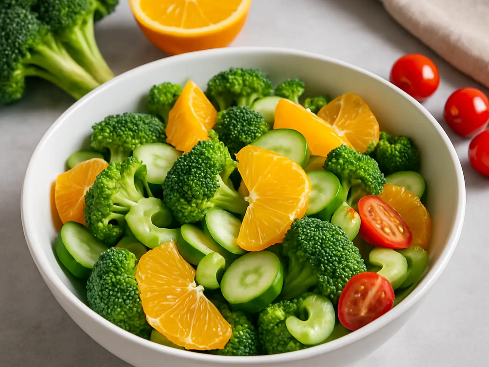 흰색 세라믹 볼에 브로콜리, 오렌지 조각, 오이, 셀러리, 방울토마토가 알록달록 담긴 신선한 샐러드