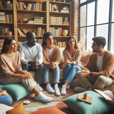 사람들이 편안한 분위기에서 책을 읽고 있는 장면, 여러 인종이 함께 있다.