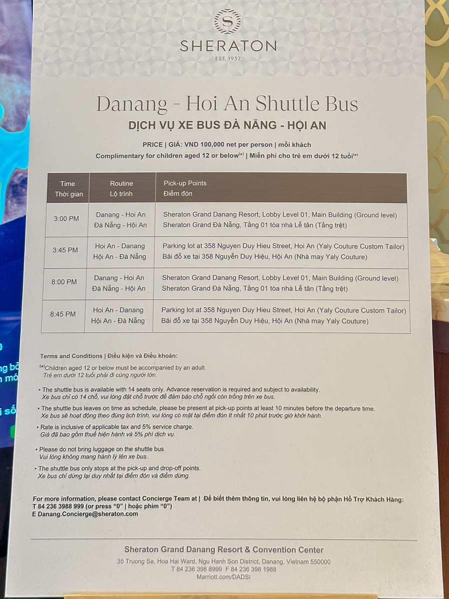 쉐라톤 그랜드 다낭 - 리조트와 호이안을 오가는 셔틀버스 시간표 및 가격
