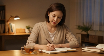 저녁에 다이어리를 펴고 하루를 되짚는 엄마의 모습