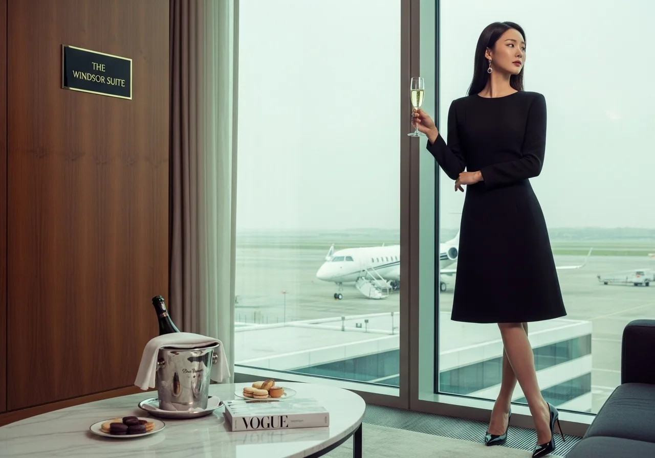 초호화 라운지에서 젊은 한국인 여성이 혼자 창밖 활주로를 내려다보며 샴페인을 즐기고 있다