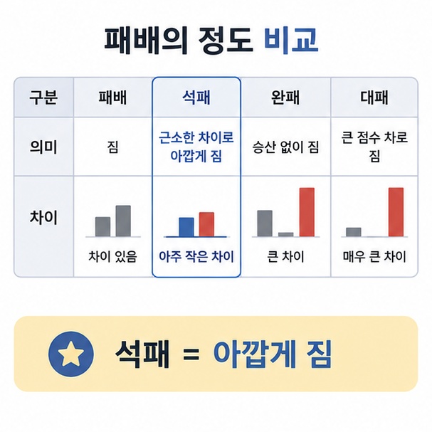 패배와 석패, 완패, 대패의 의미 차이를 비교해 정리한 이미지