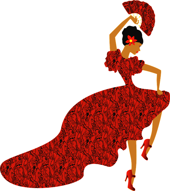 흑인 여성이 화려한 빨간 드레스를 입고 춤을 춘다. 오른손에는 빨간 부채를 들었다.