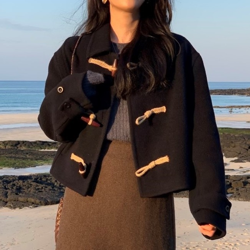 숏 캐주얼 여성 크롭 울 단추 떡볶이코트