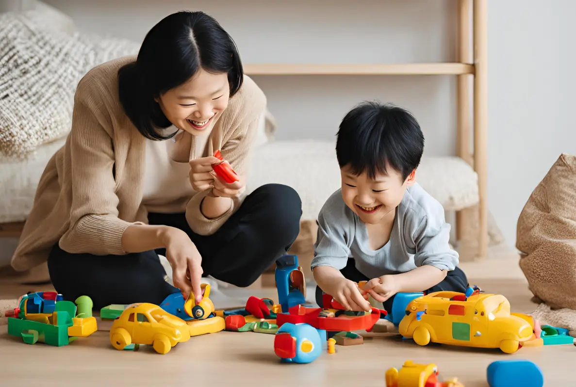 바닦에-앉아-자동차-장난감을-가지고-놀고있는-엄마와-아이