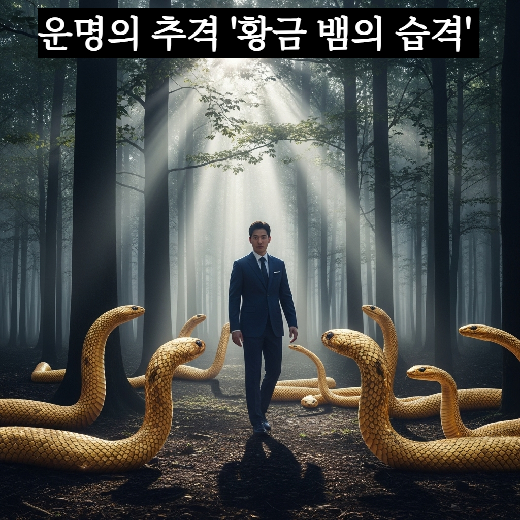 신비로운 안개가 낀 새벽 숲에서 수많은 황금빛 뱀들이 한국인 남성을 감싸고 있거나 뒤쫓고 있는 장엄하고 신비로운 분위기의 일러스트