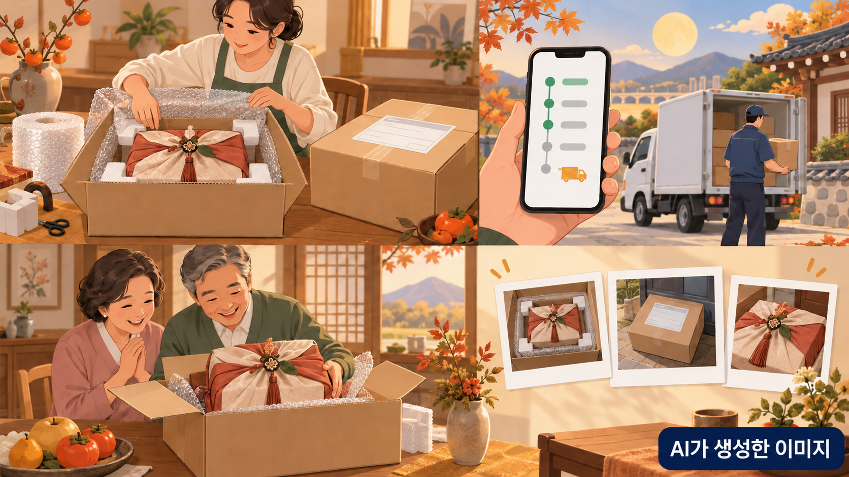 추석 선물 택배를 안전하게 포장하고 배송 상태와 파손 여부를 확인하는 모습을 담은 AI 생성 일러스트