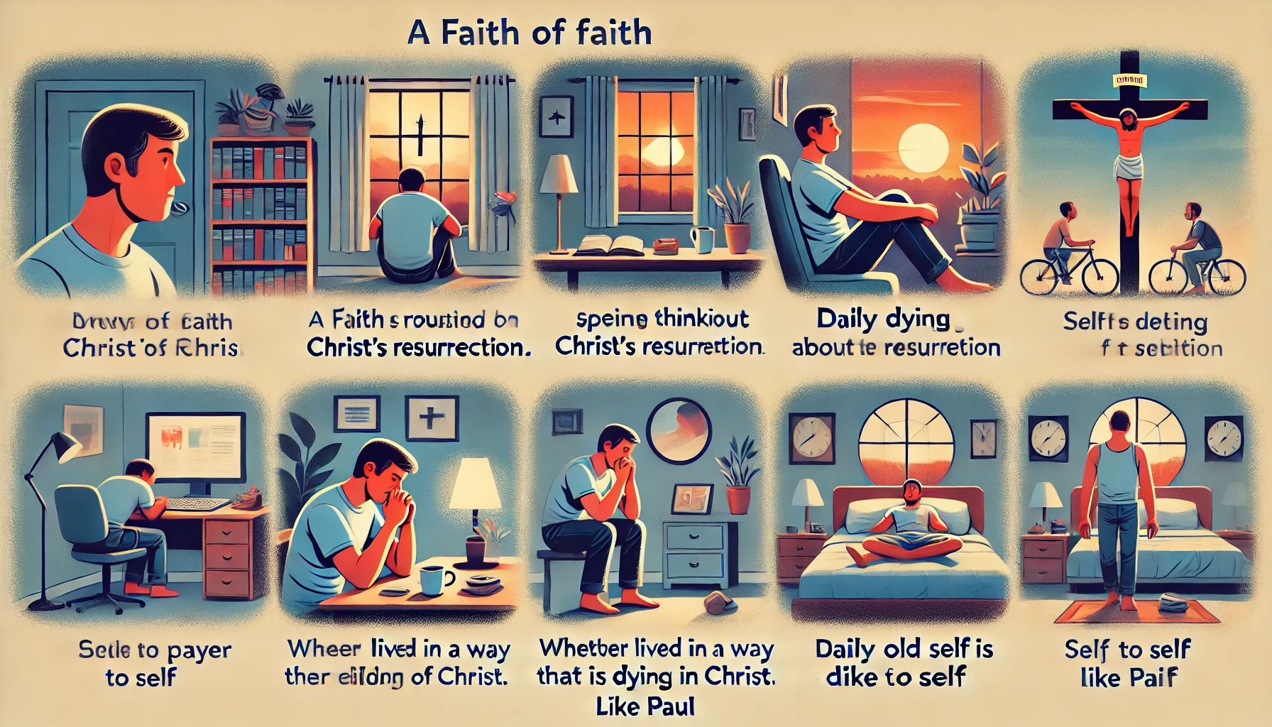 Here is the illustration showing a modern person reflecting on the value of faith rooted in Christ's resurrection, thinking about the resurrection of Christ, and practicing daily self-denial like Paul. The scenes include the person in prayer and meditation, reflecting on their faith's foundation in the resurrection, and practicing self-denial throughout their daily life. Activities depicted are moments of personal reflection in the morning, actions of self-denial during the day, and an evening evaluation to see if they lived in a way that their old self is dying in Christ. Settings feature a serene prayer corner, various daily life scenes of self-denial, and a peaceful nighttime reflection.