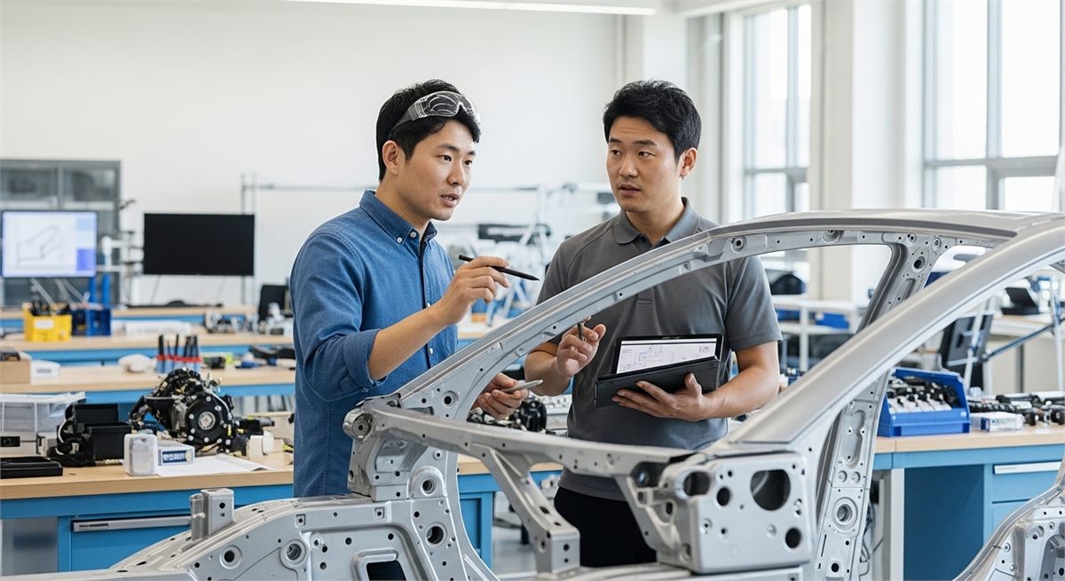 연구시설에서 미래 모빌리티 기술을 논의하는 한국인 엔지니어들 