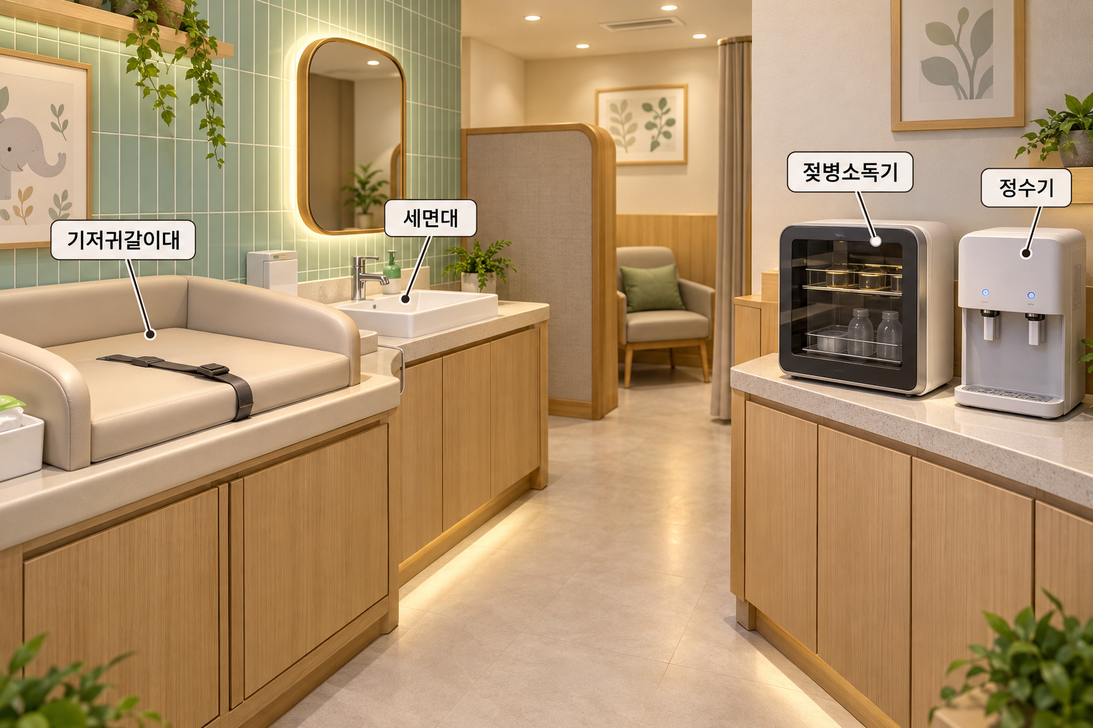 기저귀갈이대와 세면대, 젖병소독기와 정수기를 표시한 휴게실 내부