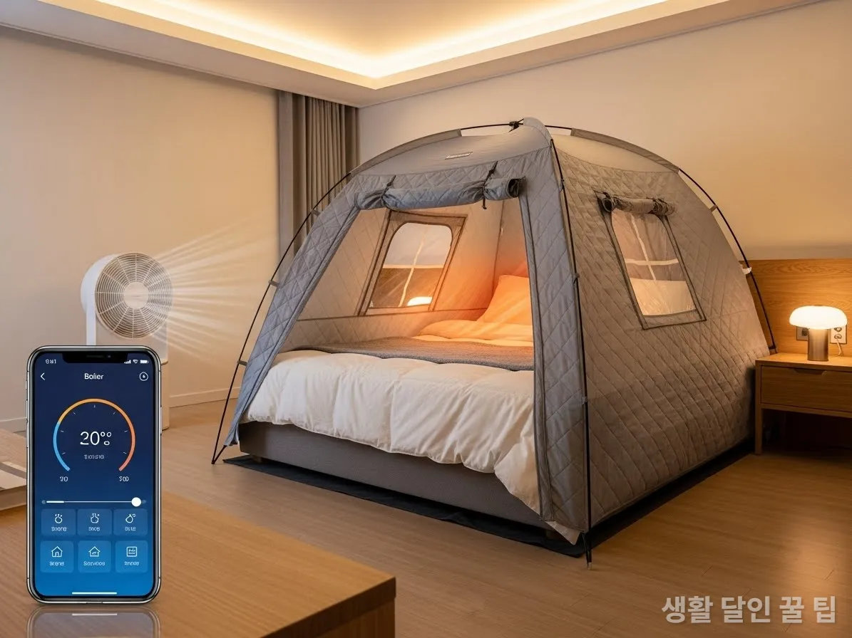 스마트폰 앱으로 보일러를 제어하고 난방 텐트를 활용하는 스마트한 한국 침실