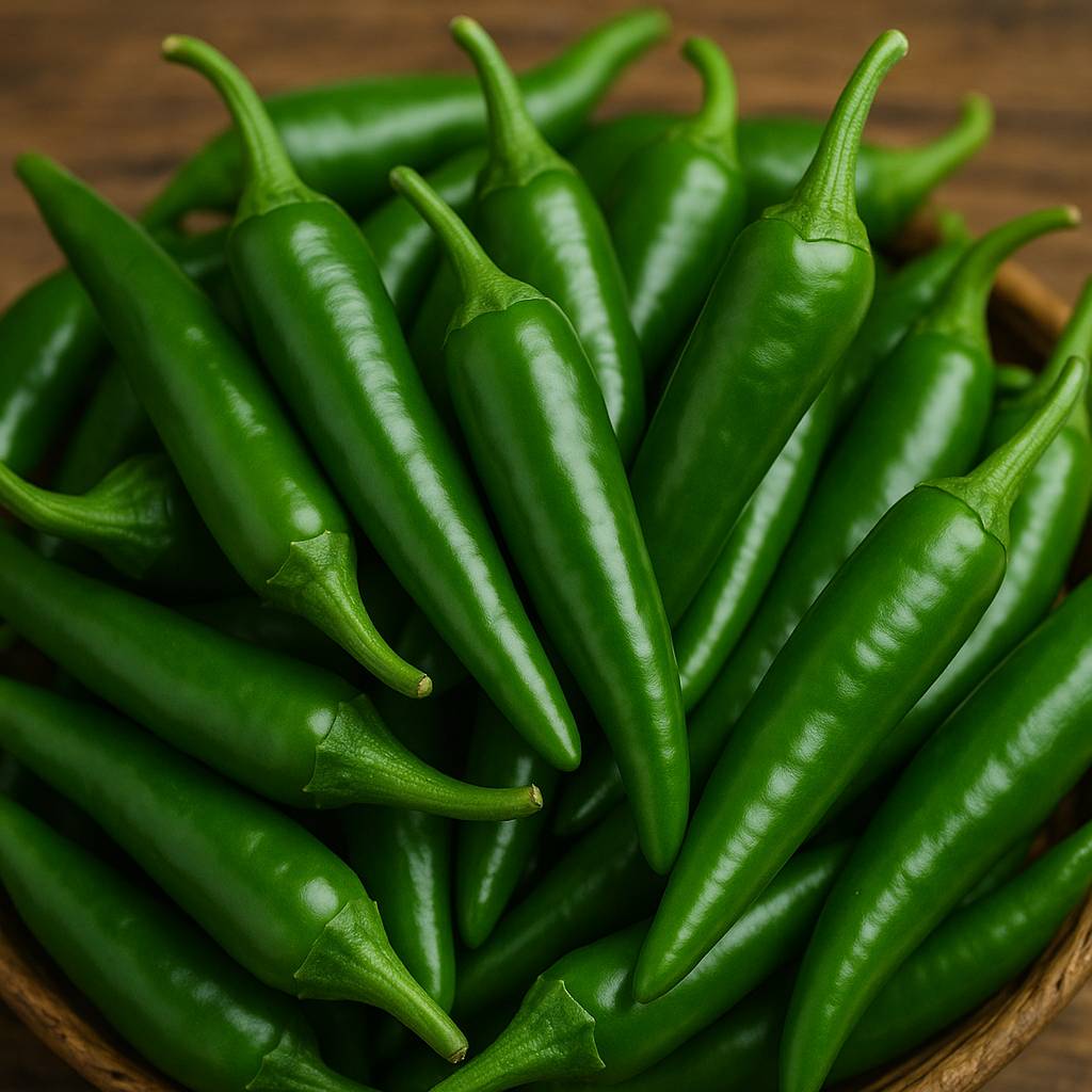 싱싱하고 광택이 나는 초록색 청양고추가 여러 개 모여 있는 모습