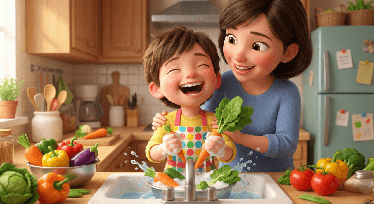 앞치마를 입고 엄마와 함께 야채를 씻으며 활짝 웃고 있는 7살 아이