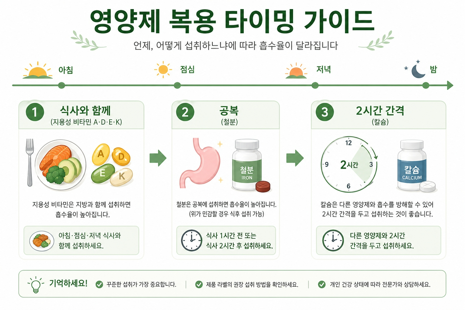 영양제 복용법 — 지용성 비타민 식사와 함께, 철분 공복 복용 타이밍