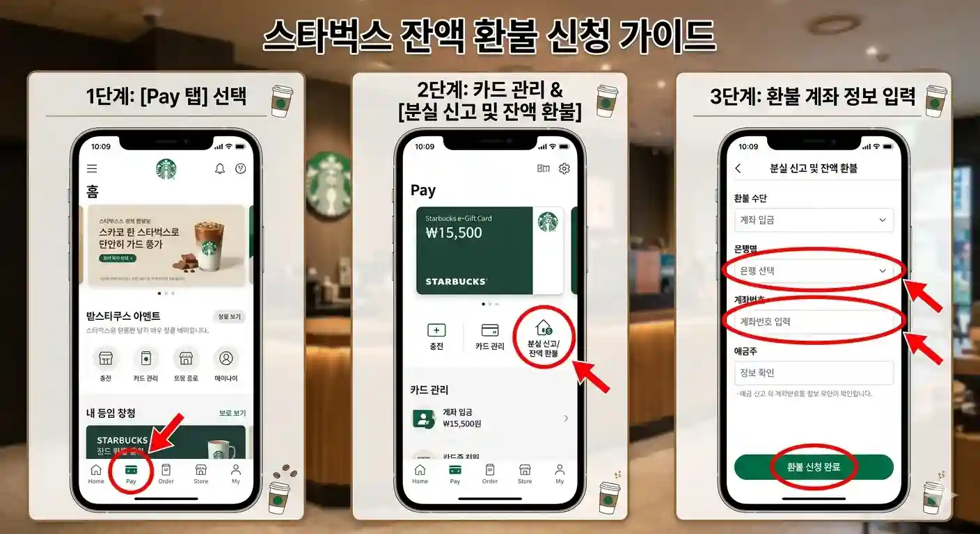 스타벅스 모바일 앱에서 카드 잔액 환불을 신청하는 순서 캡처 화면. Pay 메뉴에서 카드를 선택하고 분실 신고 후 잔액 환불 버튼을 눌러 계좌를 입력하는 과정 안내.