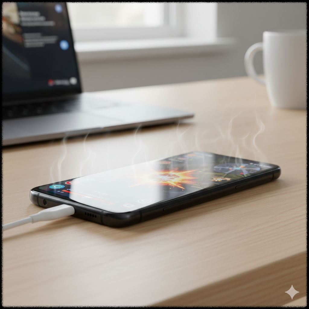 게임 실행 중 발열로 인해 충전 속도가 제한된 스마트폰 모습