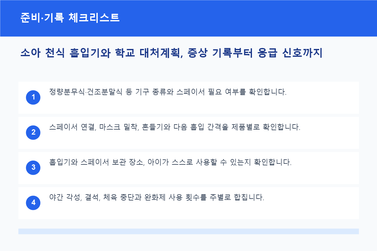 소아 천식 흡입기와 학교 대처계획, 증상 기록부터 응급 신호까지 준비&middot;기록 체크리스트 정보 이미지