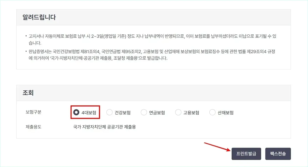 조회할 보험구분의 '4대보험'을 선택하고 '프린트 발급'을 선택