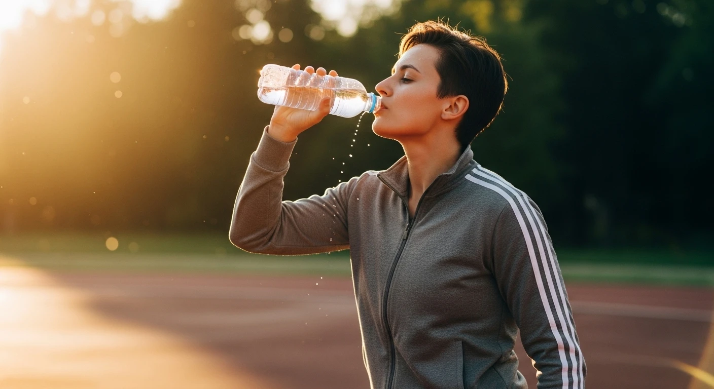 스위치온-다이어트를-하는-짧은-헤어-스타일의-여성이-운동-후-아침-햇살을-받으며-물을-마시고-있는-AI이미지