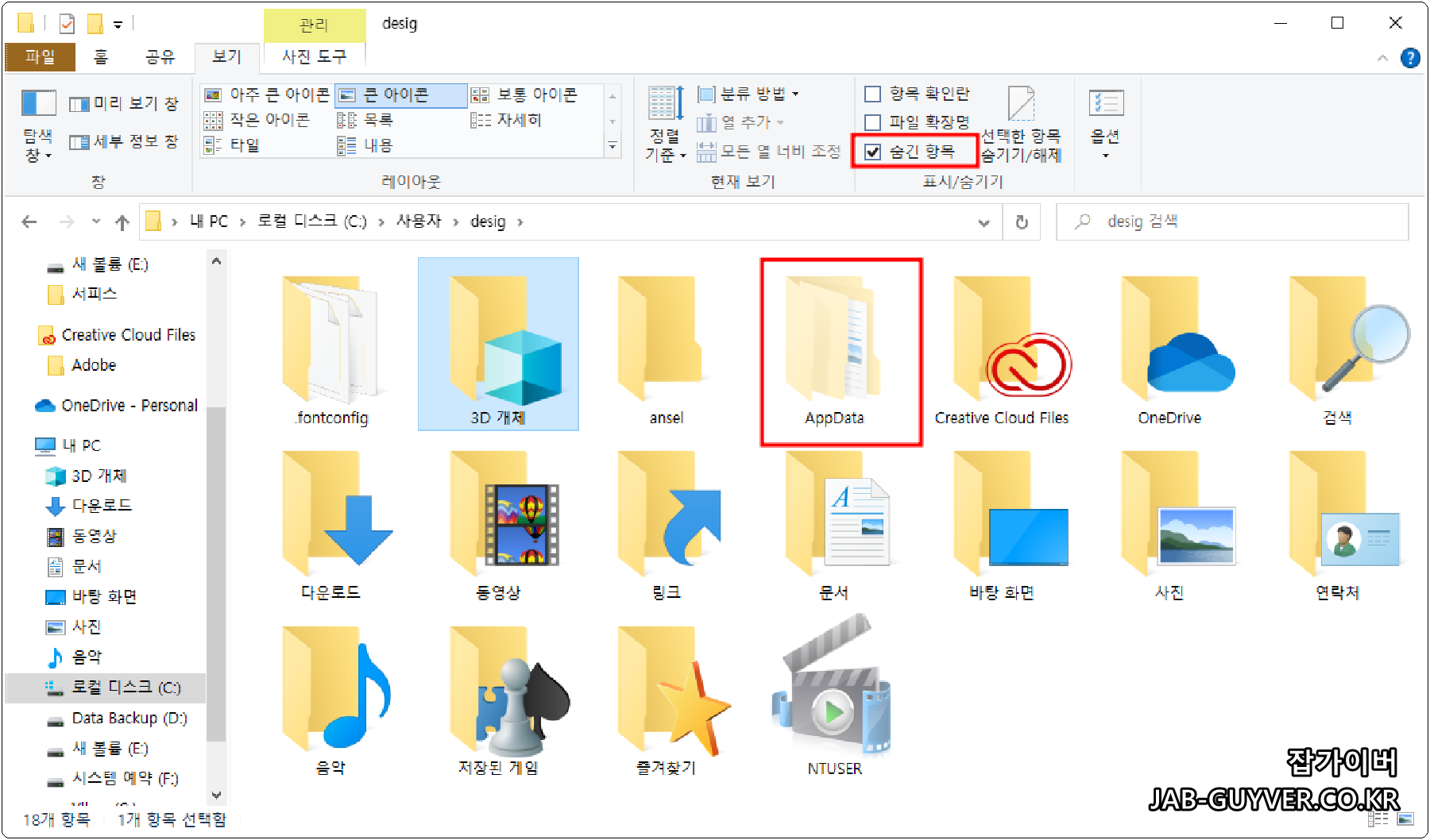 파일 탐색기에서 숨김 항목을 켜 AppData를 표시하는 예시