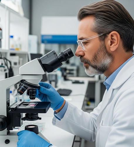 현미경으로 유방암 세포를 분석하는 의학 연구자. 표적치료와 정밀진단을 상징하는 이미지