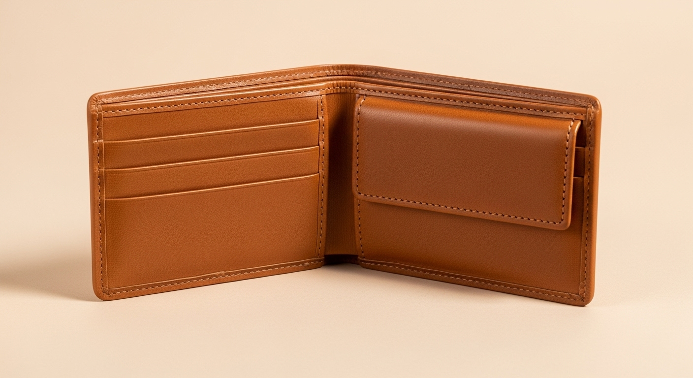 완성된 미니멀한 베지터블 가죽 반지갑이 펼쳐진 모습. 카드 수납칸과 지폐칸이 보이며, 매끄럽게 마감된 단면과 정교한 바느질이 돋보인다. 자연스러운 갈색 가죽의 질감이 느껴진다.