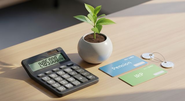 3D 금융 일러스트: '1,485,000 KRW' 계산기, 새싹 화분, 연금 및 IRP 카드
