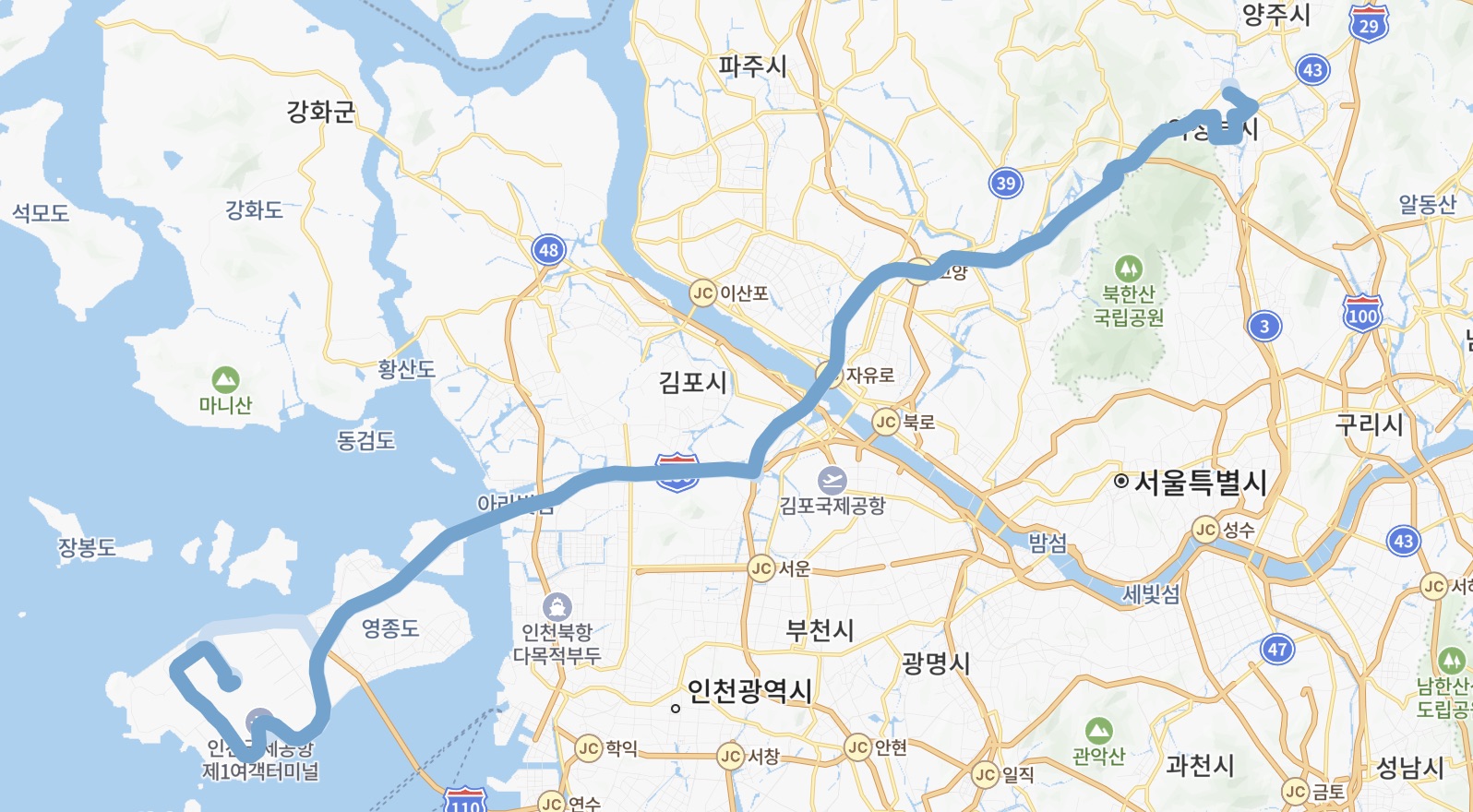 인천공항 N7200 버스 운행지도