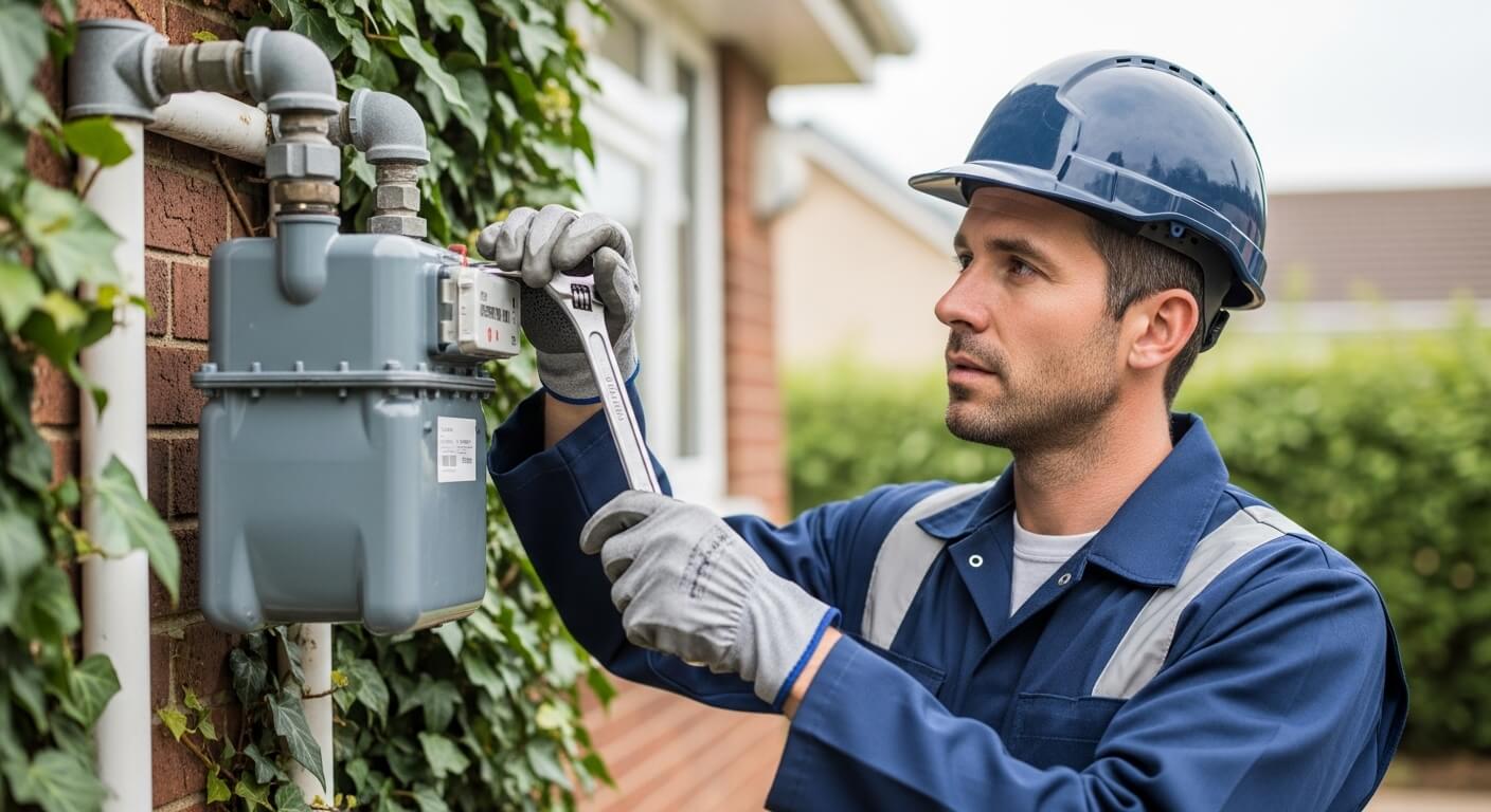 외벽에 설치된 도시가스 계량기를 점검하는 안전모 기술자