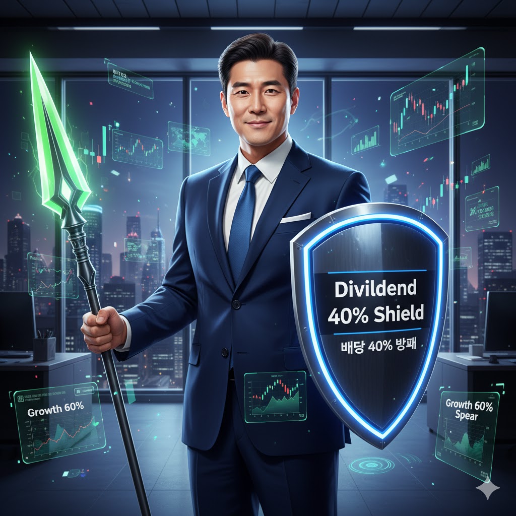 '배당 40%(방패)'와 '성장 60%(창)'을 양손에 든 투자자(빈이아빠)의 든든한 모습