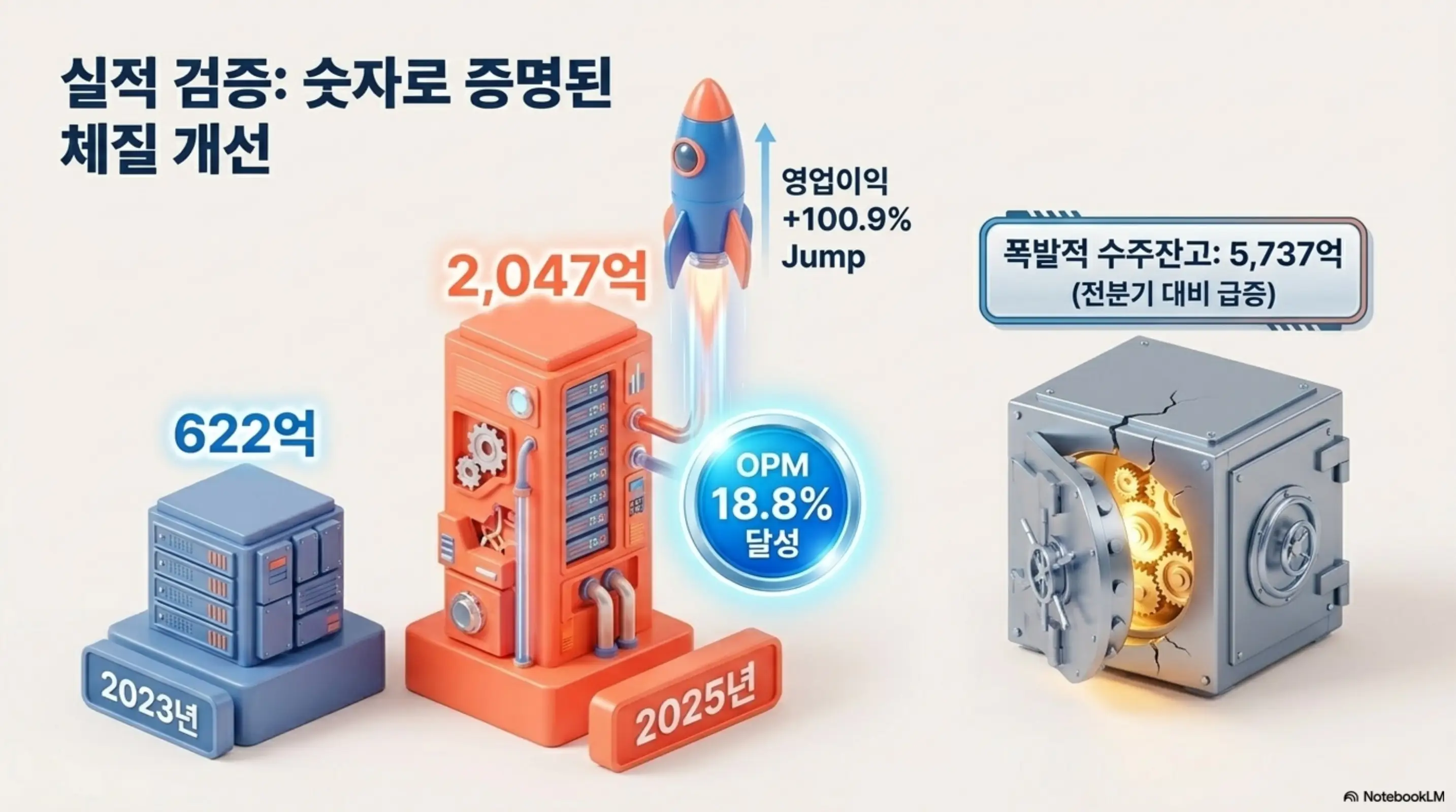 이수페타시스 주가 전망: 이수페타시스의 실적 개선을 숫자로 증명한 인포그래픽. 영업이익이 2023년 622억원에서 2025년 2,047억원으로 100.9% 늘고 영업이익률 18.8%를 달성했으며, 수주잔고가 5,737억원으로 급증한 체질 개선을 시각화했다.