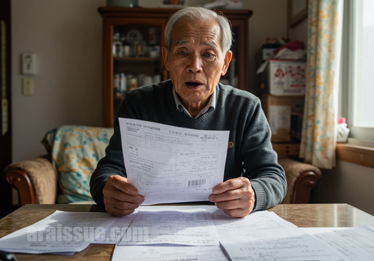 고령의 한국 남성이 테이블에 앉아 병원비 명세서를 들여다보며 놀란 표정을 짓는 장면. 주변에 서류와 계산기가 놓여 있고 실내는 자연광으로 밝게 비추고 있음.