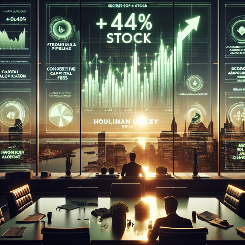 alt=&quot;Houlihan Lokey 주가 44% 상승의 비결을 보여주는 인포그래픽: 상승 추세 주가 차트, 핵심 투자 매력 포인트 아이콘, 회사 로고&quot;