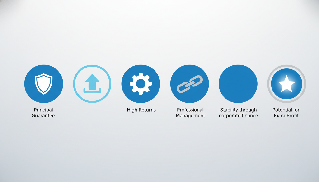 IMA 계좌의 5가지 주요 장점(원금보장, 고수익, 전문 운용, 안정성, 초과 수익)을 각각 상징하는 아이콘들.