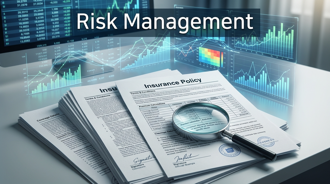 복잡한 보험 약관 서류와 'Risk Management'