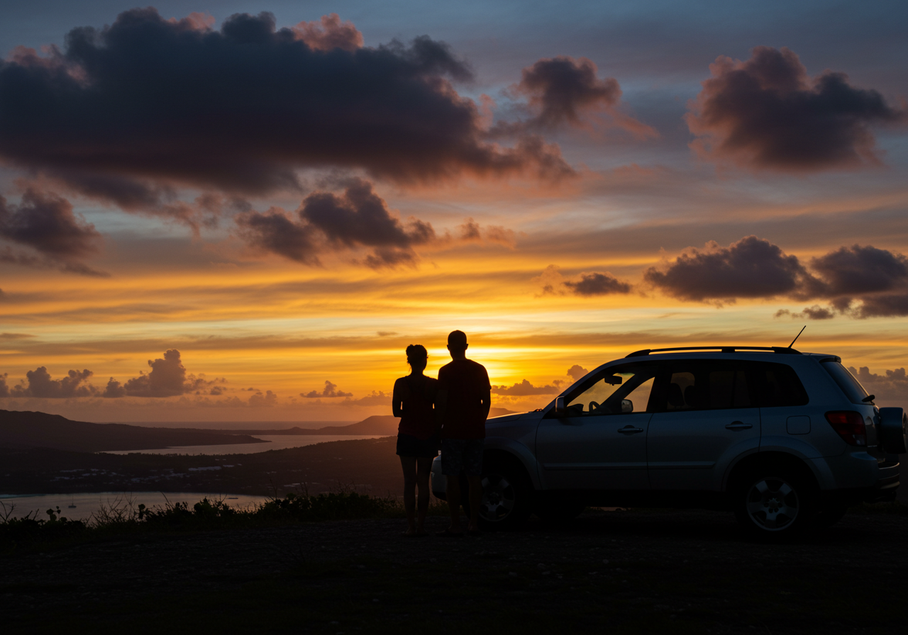 렌터카 옆에서 해질녁 노을을 바라보는 연인