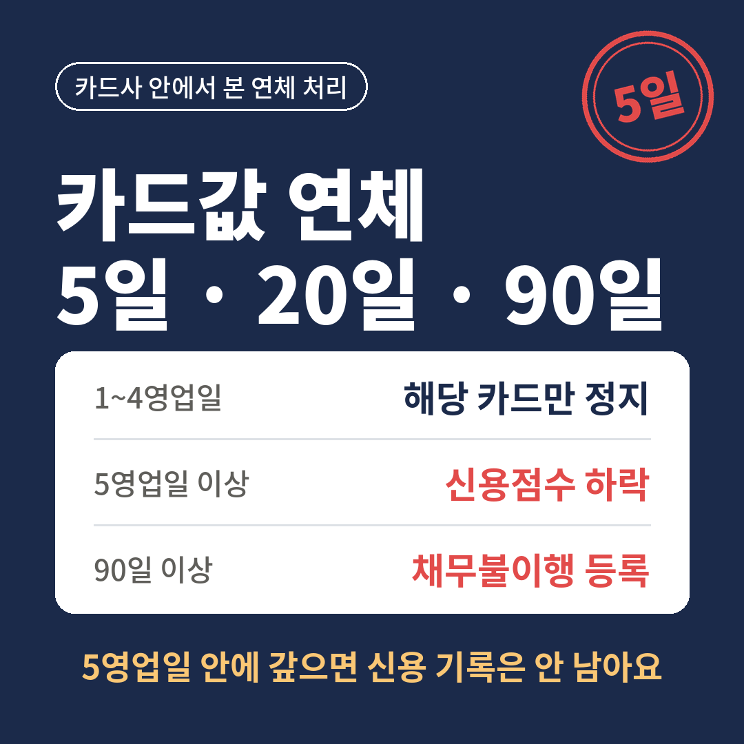 카드값 연체 단계별로 1~4영업일은 해당 카드만 정지, 5영업일 이상은 신용점수 하락, 90일 이상은 채무불이행 등록되며, 5영업일 안에 갚으면 신용 기록은 남지 않는다는 내용을 요약한 썸네일
