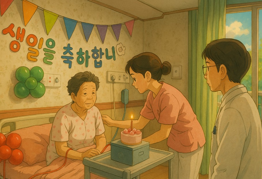 간호사가 엄마의 어깨에 손을 얹고 케이크를 건네는 장면