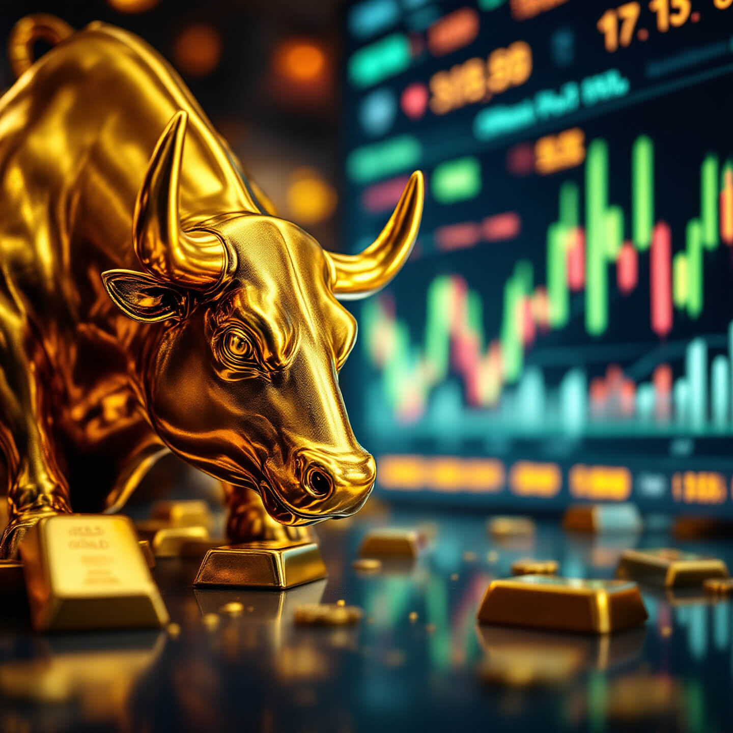 황소 모양의 금 조각상과 금괴들이 테이블 위에 배치된 이미지. 배경에는 금융 차트와 가격 변동을 나타내는 그래프가 밝은 색상으로 표시되어 있으며, 투자 시장과 금 시세의 상승 분위기를 상징적으로 보여줌