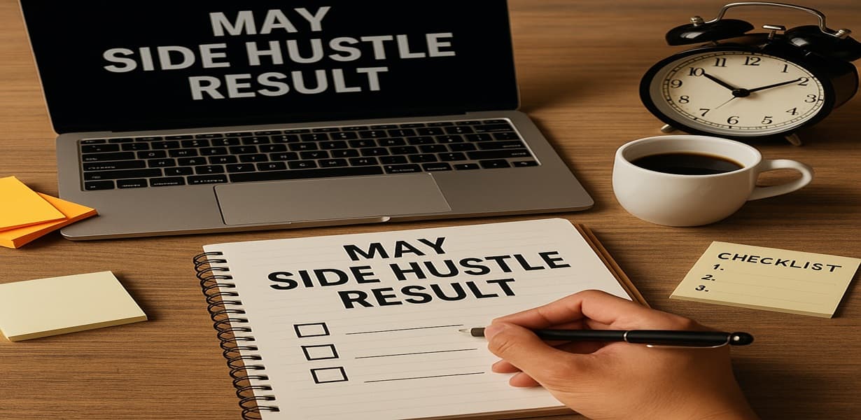“노트북과 노트에 'May Side Hustle Result'라는 문구가 적혀 있고, 손에는 펜이 들려 있으며 커피잔과 체크리스트, 시계가 함께 있는 작업 공간”