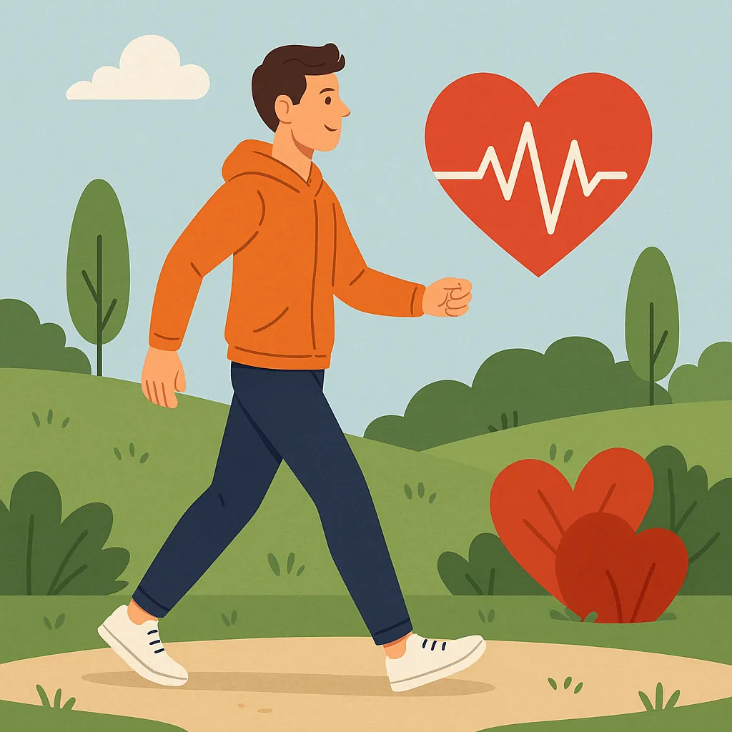 규칙적인-걷기가-심혈관-건강에-주는-장점을-표현한-일러스트-공원-산책로에서-걷고-있는-남성-옆에는-심장이-그려져-심장-건강과-혈액순환에-긍정적인-효과를-강조