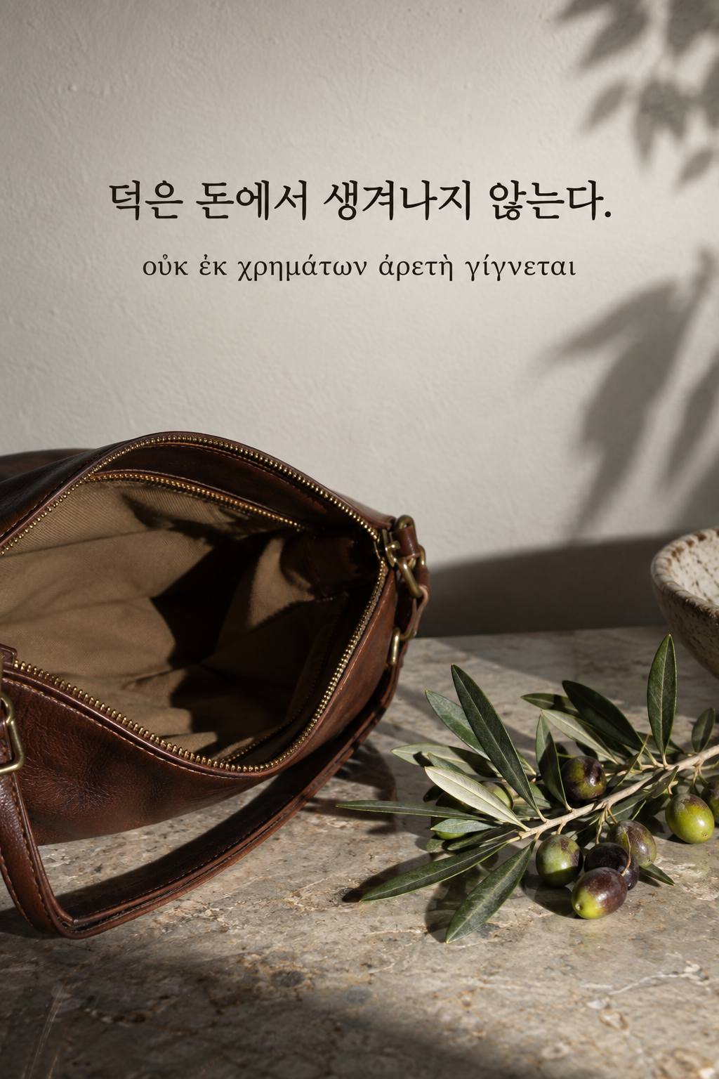 소크라테스 명언 9 &mdash; 덕은 돈에서 생겨나지 않는다. &mdash; 빈 지갑 옆에 놓인 올리브 가지