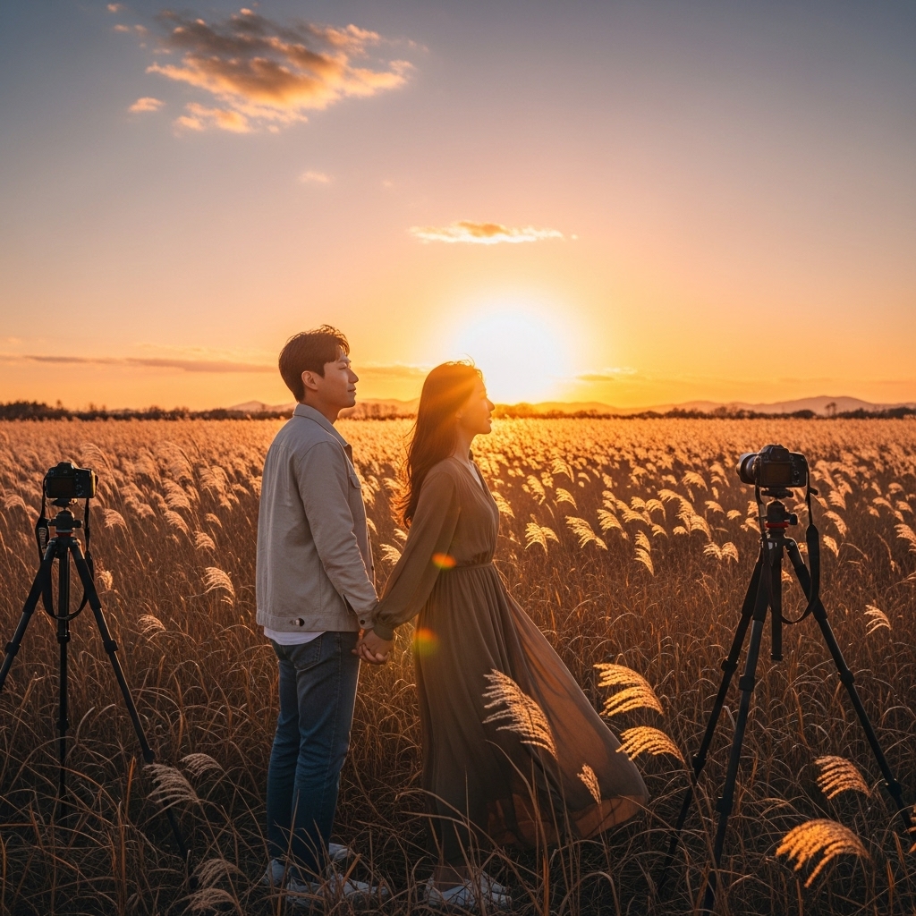 해질녘 황금빛 억새밭에서 손을 잡고 서서 삼각대와 카메라를 배경으로 노을을 바라보는 한국인 커플의 뒷모습. 로맨틱하고 평화로운 분위기입니다.. 한국인2