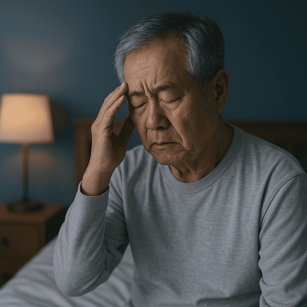 푸른-밤색-벽지와-은은한-스탠드-조명이-비추는-침실에서-회색-티셔츠를-입은-하얀-피부의-한국인-노인이-침대에-앉아-눈을-감은-채-관자놀이를-짚고-있는-모습으로-피곤하고-불면한-표정과-조용한-공간이-노인의-밤중-각성과-수면-문제를-시각적으로-표현함