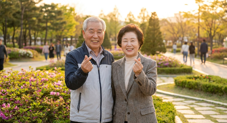 행복한 미소를 지으며 손가락 하트를 만들고 있는 대한민국의 시니어 부부