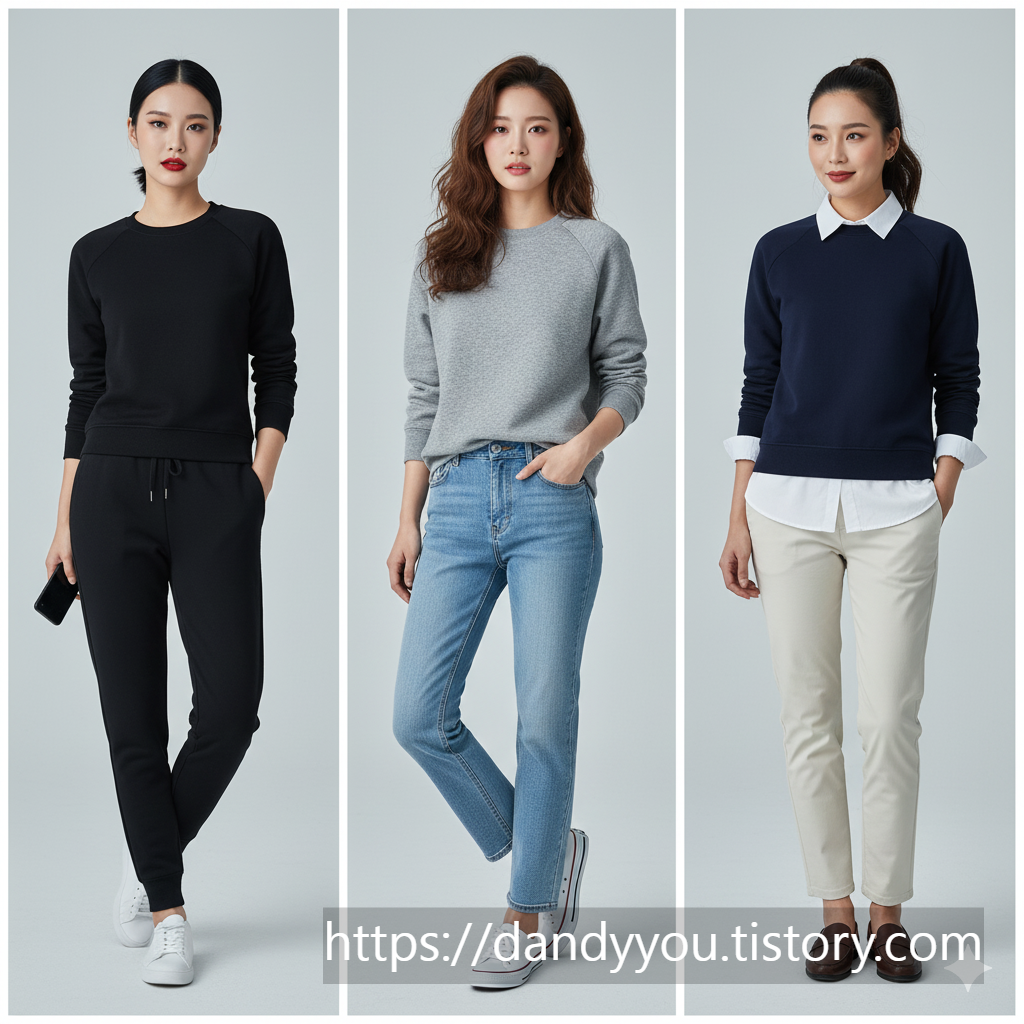 베이직한 맨투맨 세 가지 컬러 코디