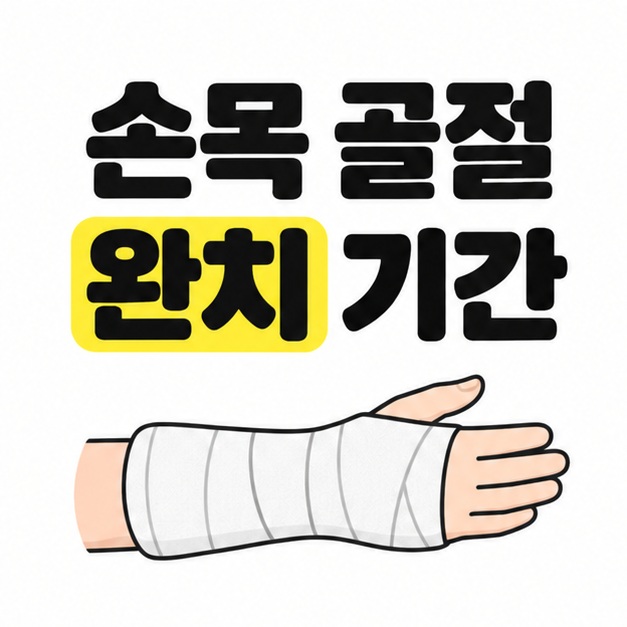 손목 골절 완치 기간 제목과 깁스로 보호된 손목 및 손의 삽화를 담은 대표 이미지